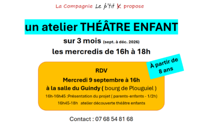 Atelier théâtre enfant de sept à décembre, les mercredis de 16 à 18h